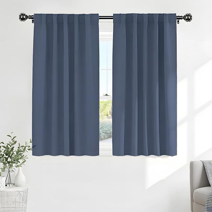 PONY DANCE Black Out Curtains 48 inch Long for Short Small Window, Rod Pocket and Back Tab Thermal Insulated Room Darkening Curtains for Kitchen/Cabinet/Basement(2 Panels, W42 x L48 inch, Blue Haze)