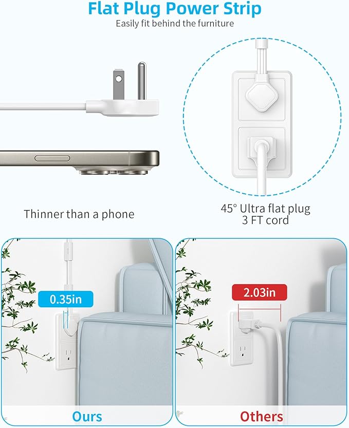 Short Power Strip 3FT - Outlet Extender Stick with 4AC Outlet and 3 USB Ports(1 Type C), Flat Wall Extension Cord with Multiple Outlets Small Surge Protector for Home Office Dorm, White