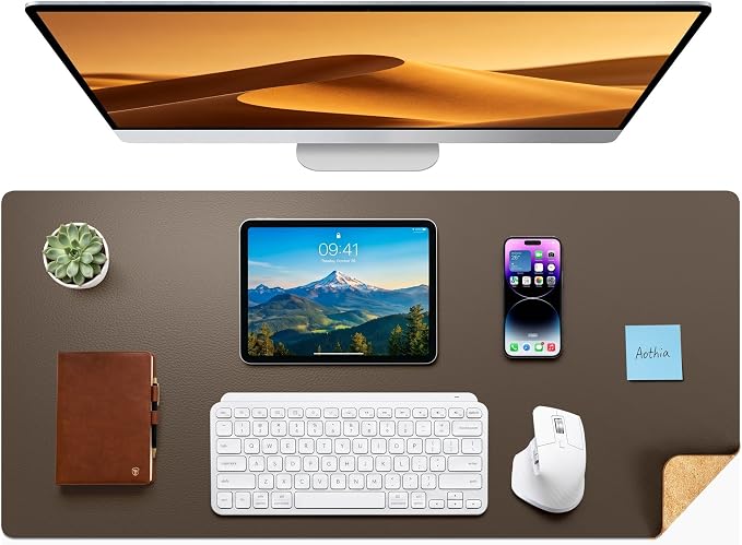 Aothia Dual-Sided Desk Pad - Leather Desk Mat, Natural Cork Desk Pad Protector, Large Mouse Pad for Desk, Waterproof Desk Blotter Pad, Desk Writing Pad for Office Work/Home, Coffee (37.8"x17")