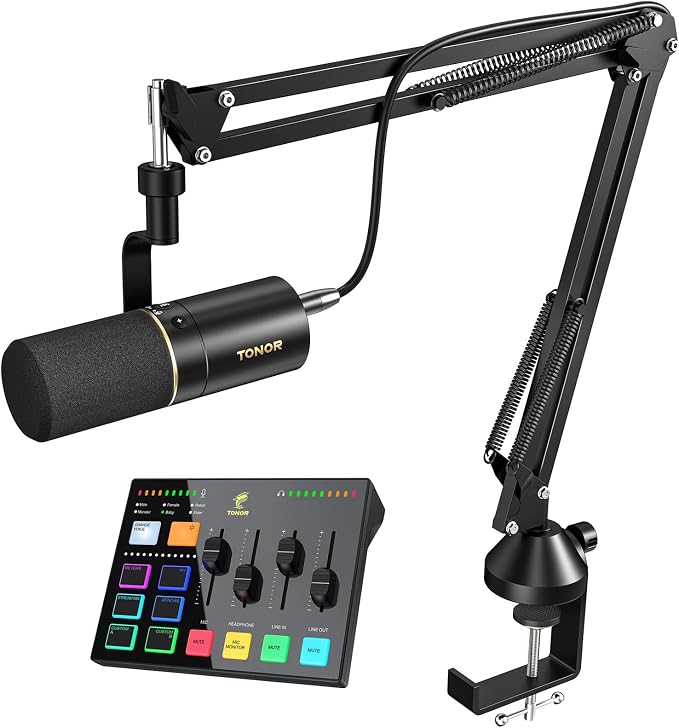 TONOR Dynamic Podcast Microphone Kit, Audio Interface and XLR/USB Mic for Podcasting, Recording, XLR Cardioid Studio Mic with Quick Mute, 3.5mm Jack, Volume Control, Microfono with Boom Arm, Black, E7
