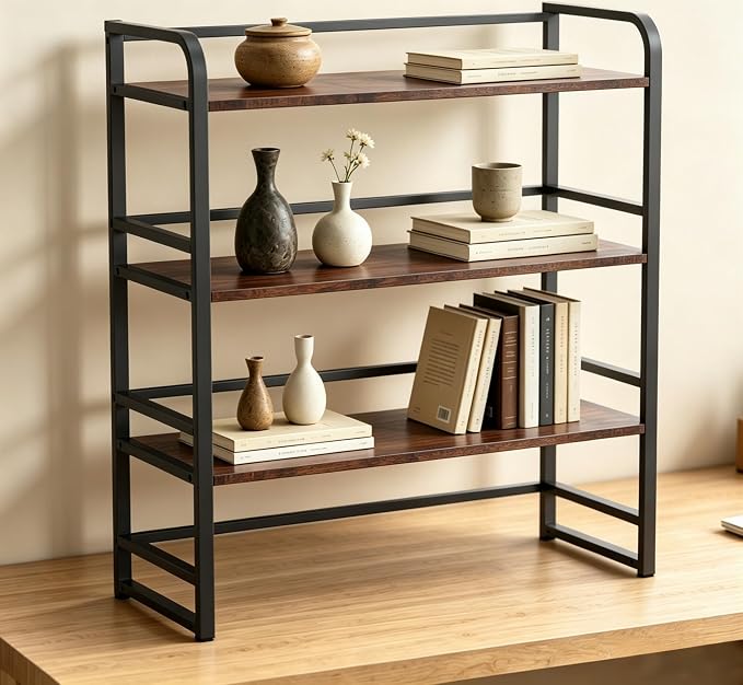 Office Desk Shelf Organizer, Wood Desktop Bookshelf Supplies Storage Rack, Shelf for Top of Desk and Dresser and Cubicle Decor Aesthetic Bookshelf (Black Brown, Three Tier, 15.75Lx7.87Wx22.05H)