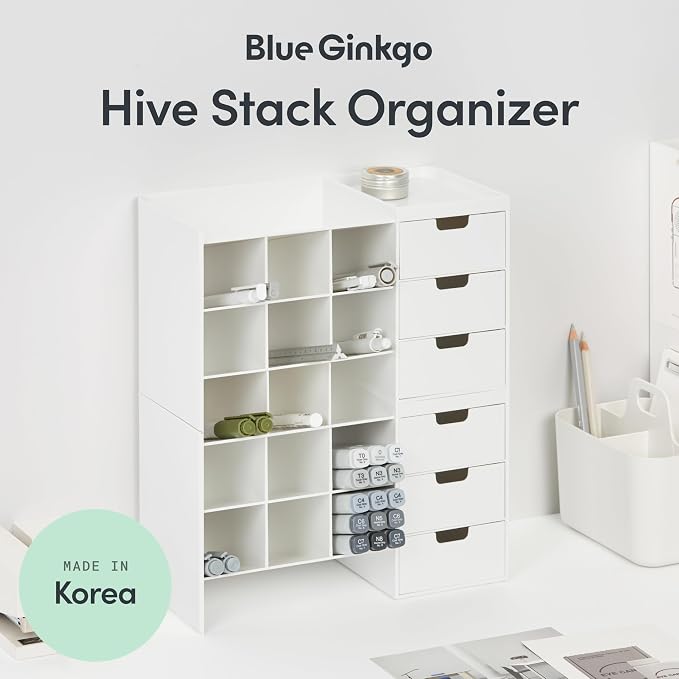 Blue Ginkgo Stackable Desk & Pen Organizer, White, Made in Korea | Multi-Compartment. 3 Drawers. Easy Access.
