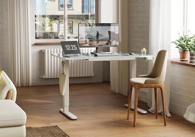 INNOVAR 48×24 Inch Morandi Blue Glass Standing Desk with Drawers | Tempered Glass Top, Ergonomic, Adjustable Height, Stand Up Desk,4 Memory Presets