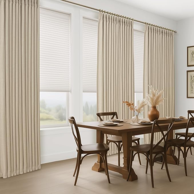 Blackout Memory Trained Pinch Pleated Linen Blend Two Layer Dining Room Curtains 95 Inches Long 2 Panels Set, Farmhouse Noise Cancelling Insulated Oatmeal 94-96 Inch Sliding Door Window Drapes 40Wx95L