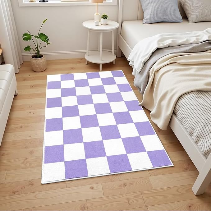 Terrug Purple and White Checkered Rug for Entryway,2x3 Small Area Rugs Washable with Non Slip for Kitchen,Soft Low Pile Retro Carpet for Bedroom Front Door Porch