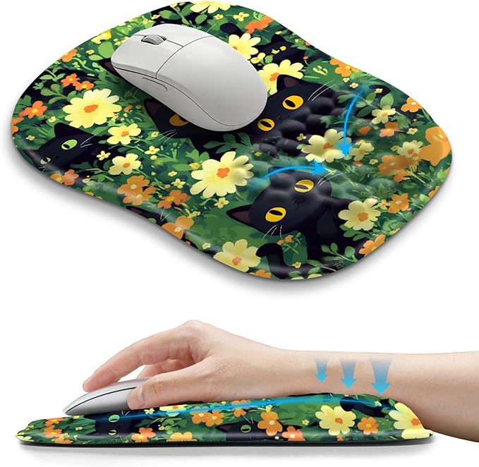Hokafenle Ergonomic Wrist-Hugging Mouse Pad Wrist Support, U-Shaped Holding Wrist Rest Mousepad for Carpal Tunnel Pain Relief with Cushioned Memory Foam Slope Massage Bulge(10.2x8.3 in,Big Eyed Cat)