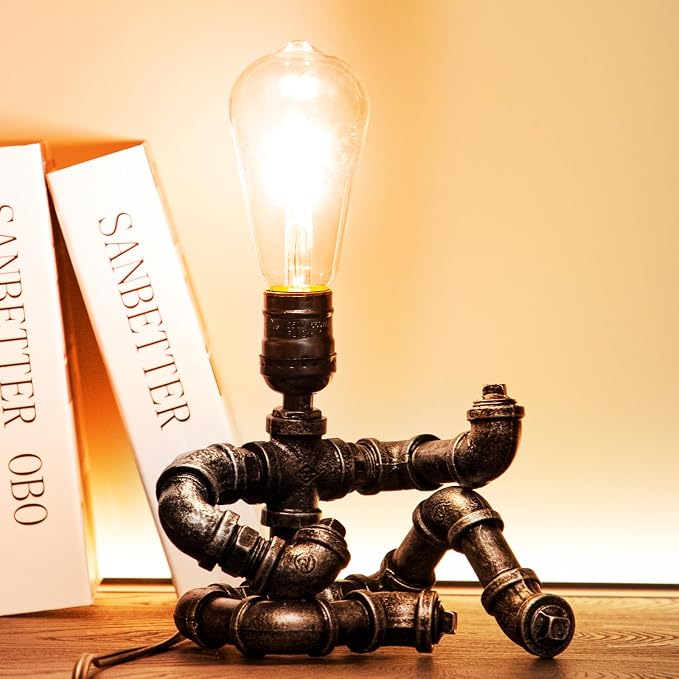 Music Guitar Table Lamp,Steampunk Table Lamp,Retro Guitars Steampunk lamp, Industrial Metal Tube Robot Lamp Cool Guitar Stuff Present for Men Music Lovers