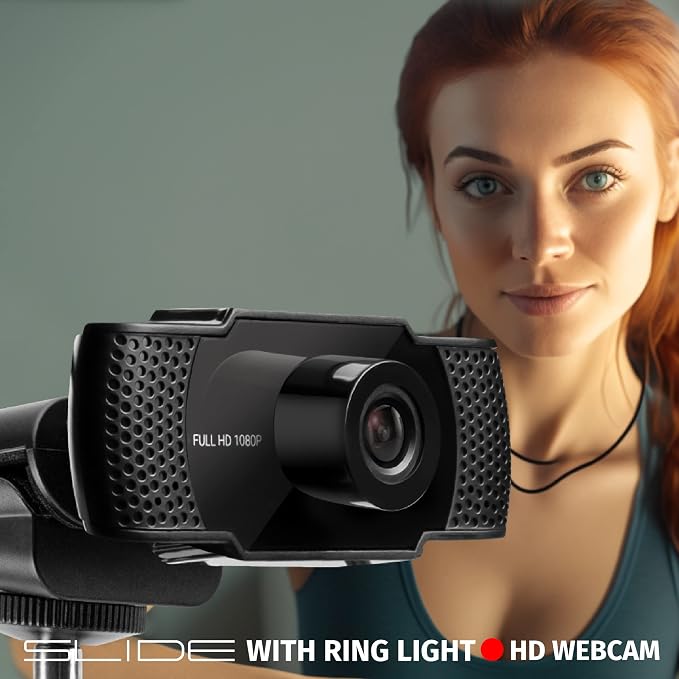 Slide 1080P HD Webcam with Portable Ring Light and Clamp-on Stand, Streaming Camera with Mic, 30 FPS, 30 Light Modes, 2 Flexible Arms, Secure Clamp, Includes Sliding Lens Cover and USB Cable