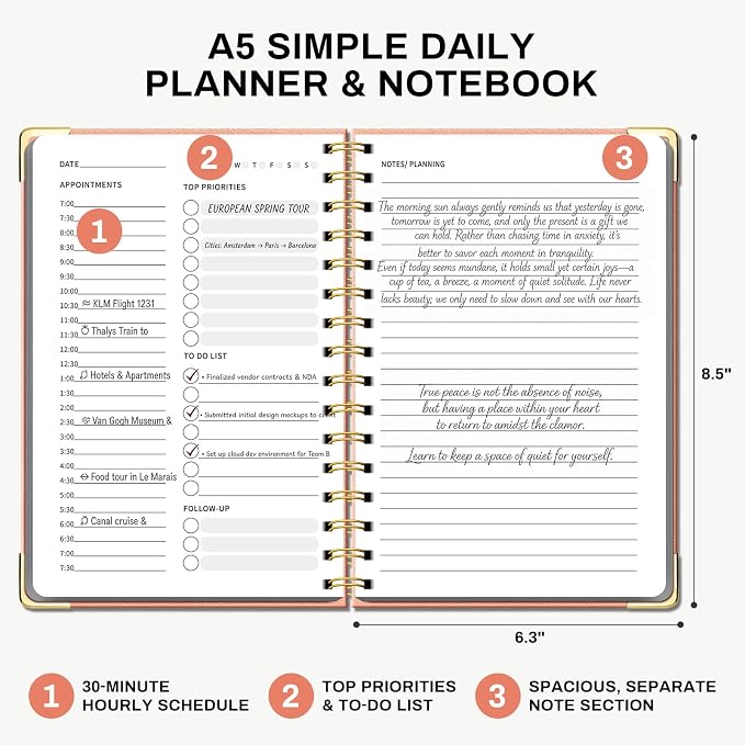 Ovesmusl Undated Daily Planner - 126 Days Hourly Schedule & To Do List - A5 PU Leather Hardcover Spiral Notebook planner with stickers, Metal Corner Protectors & Back Pocket for Work & School, Pink