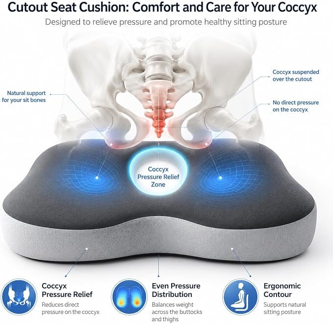 Ergonomic Memory Foam Seat Cushion & Lumbar Support Pillow Set, Coccyx Cushion for Tailbone Pressure Relief, Sciatica Relief & Lower Back Support, Office Chair, Gaming Chair, Car Seat, Wheelchair