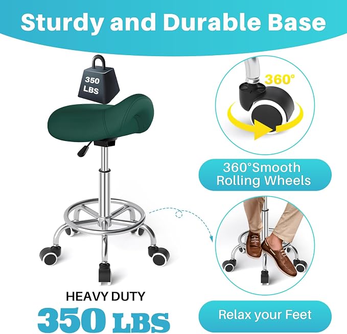 YEEZEE Saddle Stool Ergonomic, Saddle Chair with Wheels, Green | Comfortable Wide Thick Saddle Seat Padding, 360°Swivel, Adjustable Height, Ring Pedal Design, for Medical Massage Salon Spa