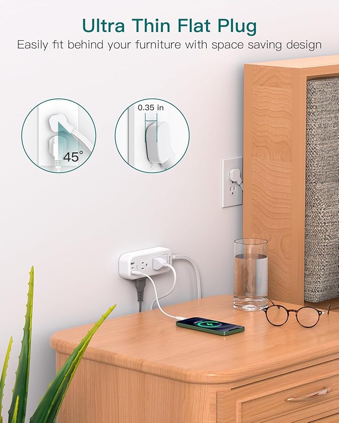 Extension Cord 15 ft - Power Strip Surge Protector, Flat Plug with 6 AC Outlet Extender 3 USB Ports (2 USB-C), 1080J, Multi Plug Outlets Desktop Charging Station for Home College Dorm Room Essentials