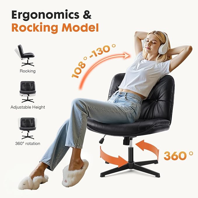 Sweetcrispy Criss Cross Armless Office Chair - PU Leather Adjustable 360° Swivel Wide Seat with Thick Padding, Ergonomic Rolling Computer Desk Task Chair for Modern Vanity & Makeup