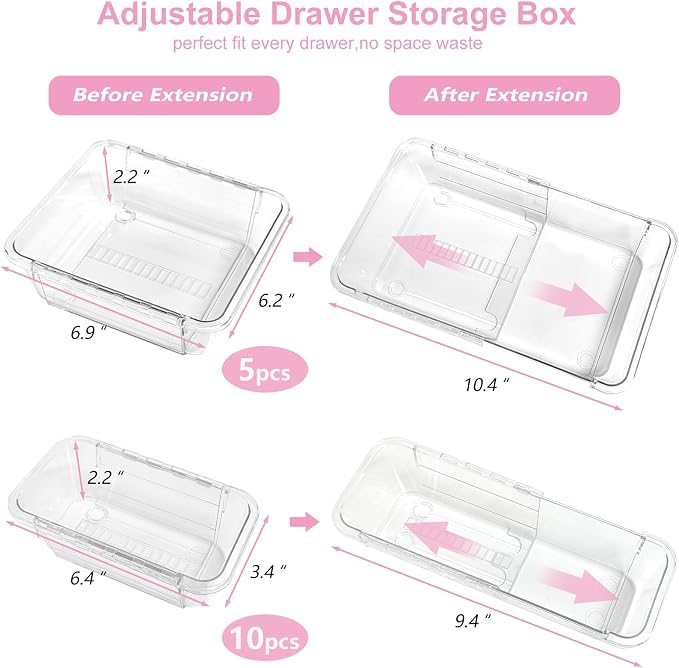 15 Pcs Adjustable Clear Drawer Organizer, 2 Size Plastic Extendable Desk Drawer Organizer Trays,Expandable Storage Bins for Bathroom Vanity Kitchen Organization and Storage,Makeup, Jewelry, Gadgets