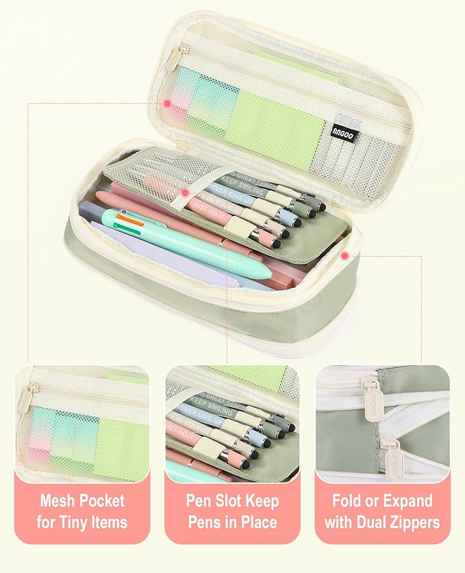 56 PCS Aesthetic School Supplies with Large Pencil Case, 5 Inspirational Ballpoint Pens, 12 Pastel Highlighters, 5 Black Ink Gel Pens, 6 Mechanical Pencils 0.5-0.7mm College Student Essentials (Green)