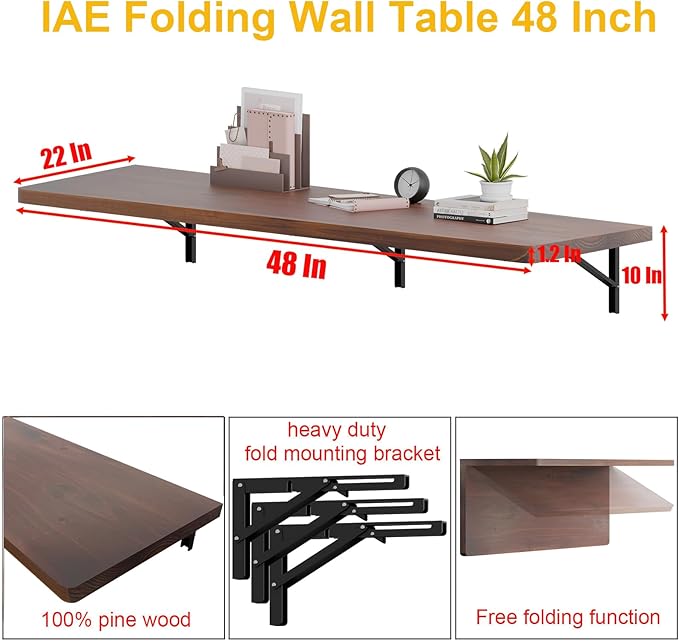 IAE Floating Wall Mounted Folding Table Desk with Pine Wood,48"x22" Folding Workbench,Fold Down wall Mounted Foldable Table with Shelf Brackets,Laundry Folding Table for Apartment,Home,Kitchen,Walnut