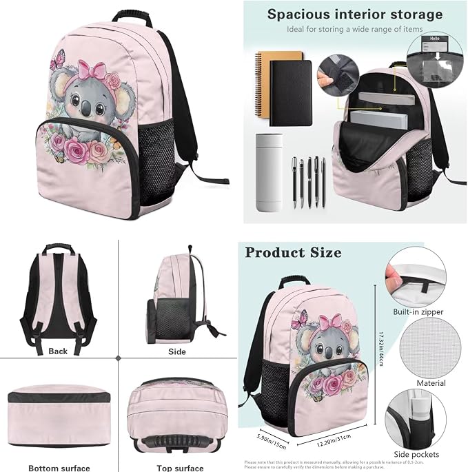 Ystardream Sweet Koala School Bag for Girls Cute Cartoon Backpack with Lunch Box Pencil Case Water Bottle Sleeve 4 in 1 Set for Elementary School Students Back Packs with Side Pockets,17 Inch
