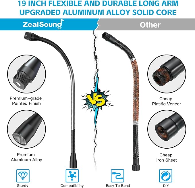 ZealSound Upgraded Metal Hose Arm, 19 inch Flexible Gooseneck Stand, Heavy Duty Extension for Microphone, Mic Floor Stand, Phone Holder, Makeup Mirror, 5/8" Thread