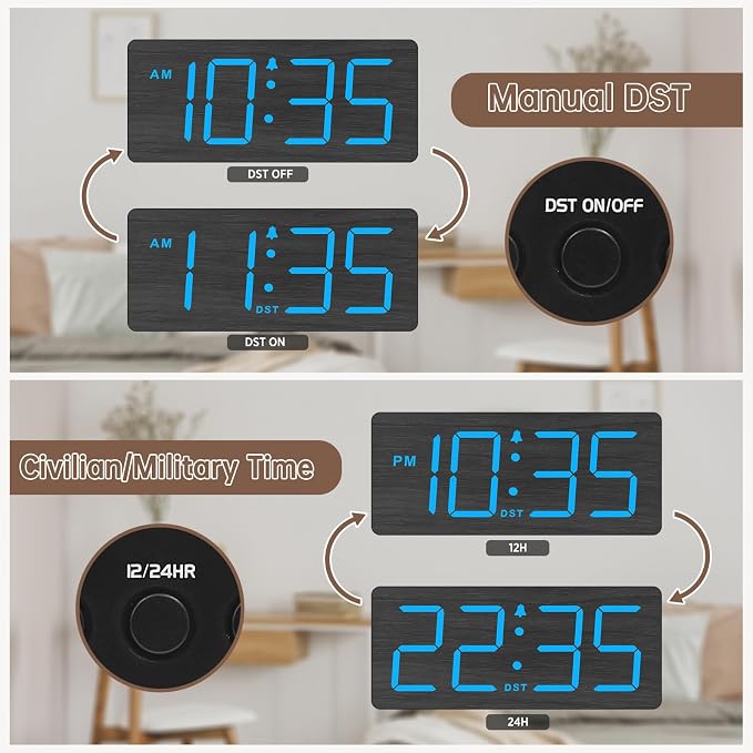 DreamSky Wooden Digital Alarm Clock for Bedroom with Large Numbers | Desk Clocks for Living Room, Dimmer, Loud Alarm for Heavy Sleepers with Volume Control, DST, Office Wood Decor (Plug-in)