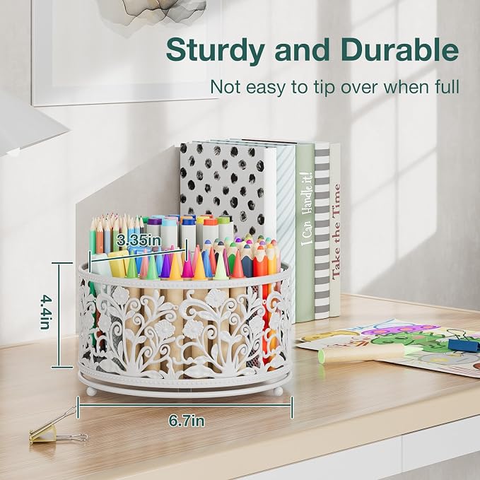 EKNITEY Rotating Mesh Desk Organizer - 4 Slots Cute Pen Pencil Holder Caddy | Sturdy Metal, 360°Rotation Smooth, 4 Compartments, Non-Slip Base, Cute Floral Design, for Office Home Classroom School, White