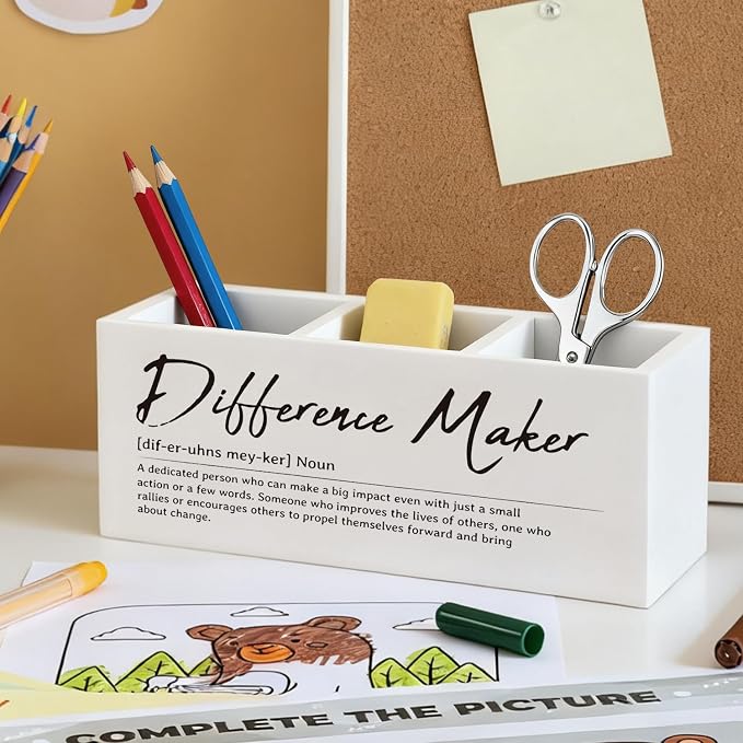 Difference Maker Gift Pen Pencil Utensil Holder | Appreciation Gifts for Coworkers Leaders Teachers, Wood Desk Organizer and Makeup Brush Holder