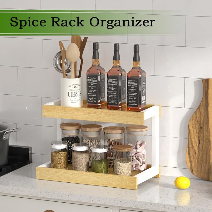 MARTY Counter Shelf Organizer, 2 Tier Spice Rack for Countertop, Maple | Coffee Bar/Station/Syrup Organizer for Countertop, 15.75''Lx8.9"W Large Desk Shelf Riser, for Kitchen Bathroom Bedroom Office