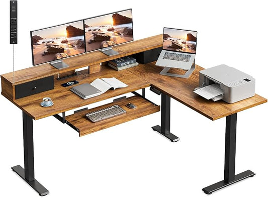 Casaottima 59" L Shaped Electric Standing Desk with Drawers, Rustic Brown | Monitor Stand, Keyboard Tray, Fabric Drawer, Power Outlets, Height Adjustable Corner Stand Up Desk for Organized Home Office
