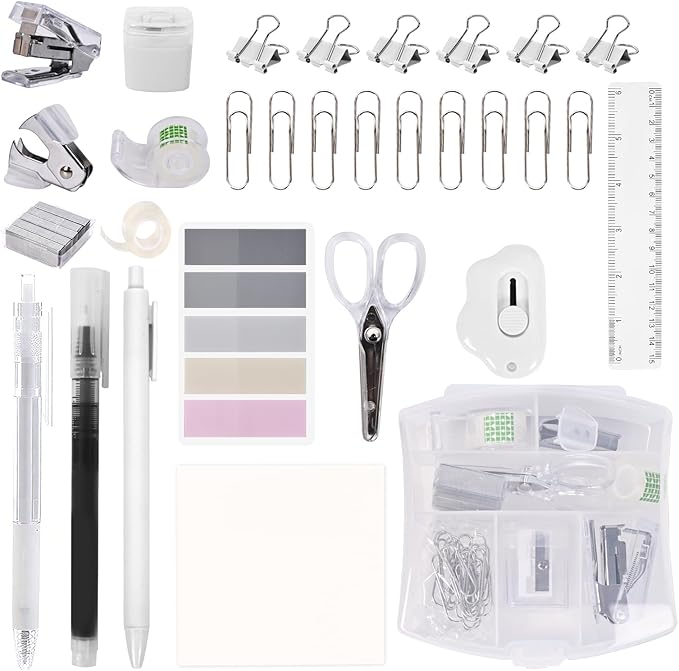 Mini Office Supply Kit, Mini Stapler with Staples and Tape Dispenser Set, Mini Stationary Kit Includes Sticky Notes Index Tabs Gel Pens for Office & School (Transparent)