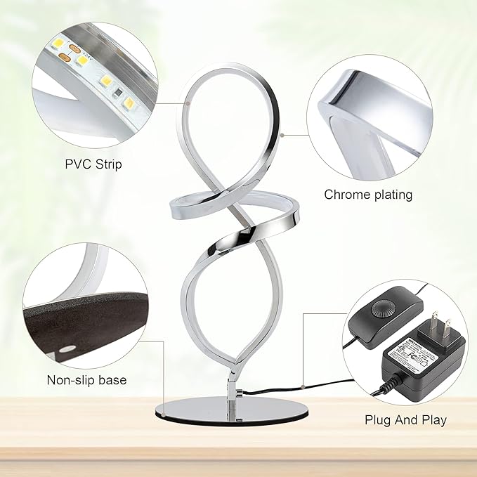 Mayful Modern Table Lamp with LED Unique Spiral Design, Small Nightstand Lamp with Stepless Dimming Switch, Chrome Bedside Lamps for Bedroom, Nightstand, Living Room, Office, 12W 3200K Warm White