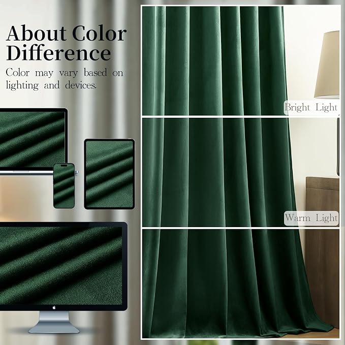 Green Velvet Blackout Curtains 96 Inches for Bedroom, Thermal Insulated Noise Reducing Curtains Luxury Room Darkening Drapes for Dining Room, Back Tab Rod Pocket, W52 x L96, Dark Green, 2 Panels