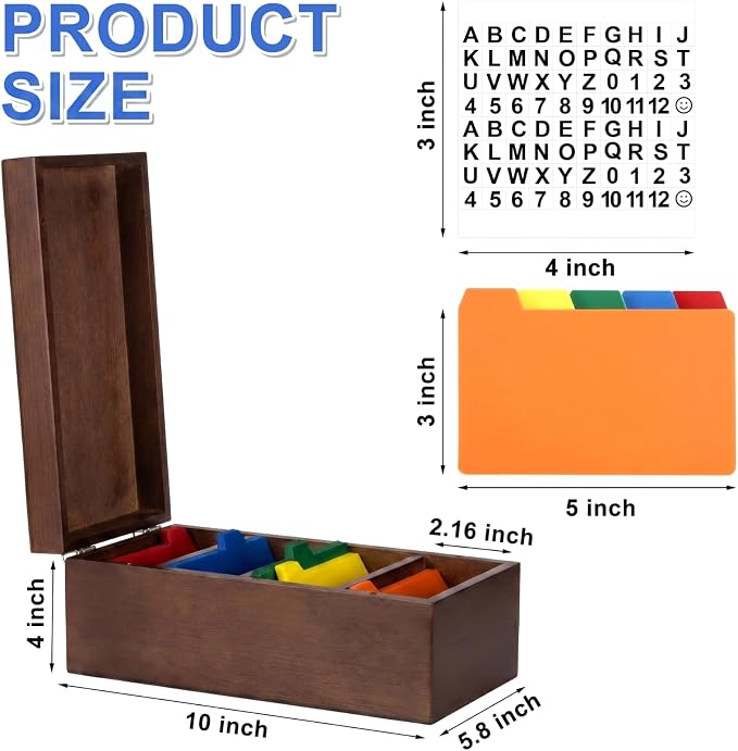 3 x 5 Inch Index Card Holder Set, Bamboo Index Cards Organizer, 50 Pcs Dividers 2 Sheets Alphabet Number Stickers File Note Holders for Office Business Classroom, Brown