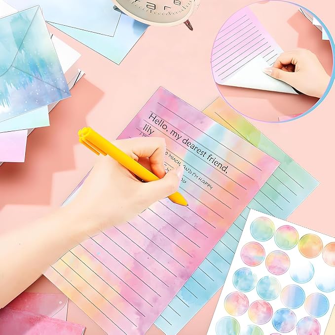 FUNCLASS 160 Pcs Stationery Set Letter and Envelopes – 50 Lined Stationery Paper and 50 Matching Envelopes, 5.5 x 8.25 Inches Letter Writing Stationery for Home, Office, School (watercolor-A)