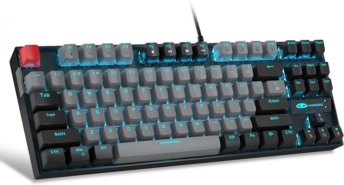 MageGee 75% Mechanical Gaming Keyboard, Blue Switch, LED Backlit, 87 Keys Compact TKL Wired Computer Keyboards for Windows Laptop PC Gamer - Grey/Black
