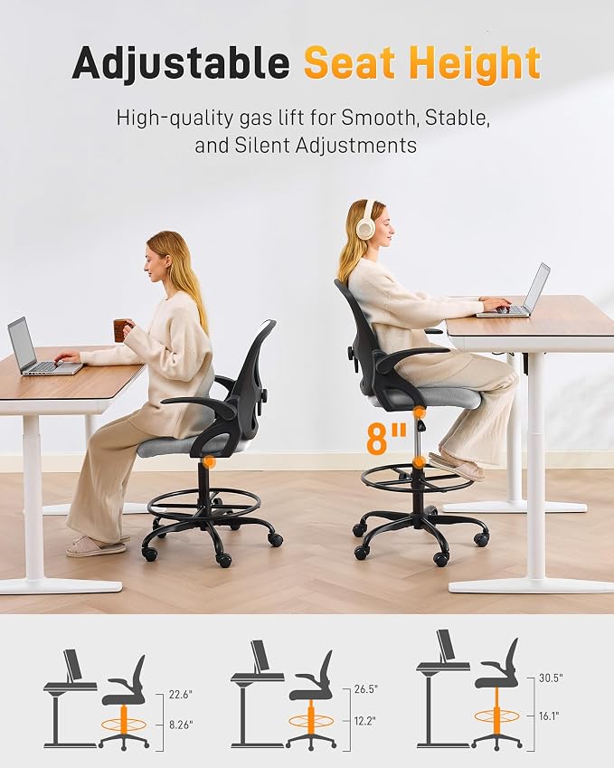LukkDys Drafting Chair with Arms, Tall Office Chair for Standing Desks | Ergonomic lumbar pad, breathable mesh and foot ring support forward-leaning posture for sewing, crafts and daily studio work.