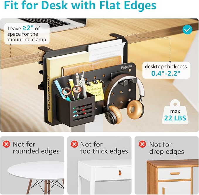 PEGZONE Desk Side Storage Organizer, Fits Flat Edge 0.4" to 2.2", Black | No Drill Under Desk Laptop Holder, Clamp on Desks Shelf with Pegboard Accessories, Hanging Laptop Mount