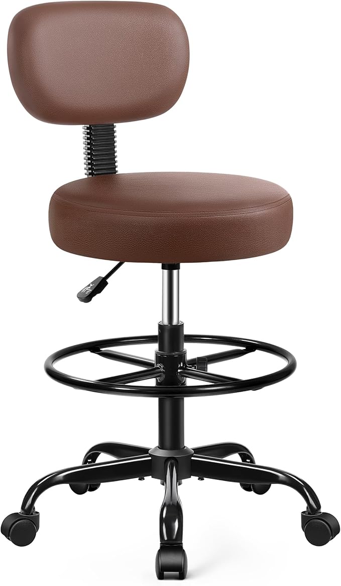 Brick Attic Drafting Chair with Backrest – Adjustable Foot Rest Rolling Stool with Wheels, PU Leather Swivel Stool for Office Spa Studio Lab Counter Salon Home Work Bar Kitchen Shop(Brown)