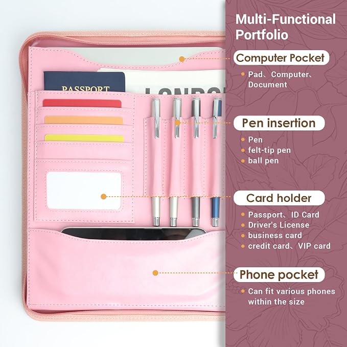 Faux Leather Zippered Padfolio with 3 Ring Binder, Executive Portfolio Organizer Binder for Women, Fits 13.9" Laptop/Tablet, Refillable Writing Pad Pocket, Pink
