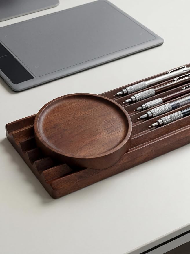 Horizontal Pen Holder for Desk, Walnut Pen Holder with 5 Compartments,Pen Tray Office Accessory, Teacher Gifts, Suitable for School, Home,Pen Tray for Desk (Walnut)