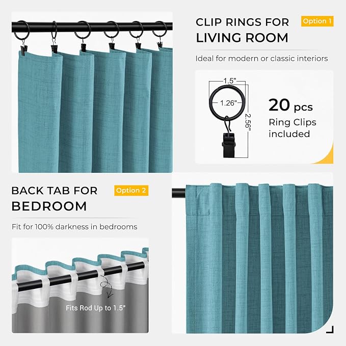 INOVADAY 100% Blackout Curtains for Bedroom, Teal Black Out Curtains 108 Inch Long, Clip Rings Linen Blackout Drapes, Thermal Insulated Room Darkening for Living Room, 2 Panels - W50xL108