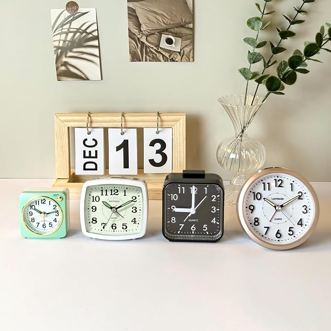 Lamisola 4 Inch Alarm Clock for Bedrooms, Small Analog Desk Clock, Mint | Battery Operated Bedside Clock for Bedroom Bathroom Home Nightstand Shelf, Night Light Snooze, Minimalist Clocks for Seniors