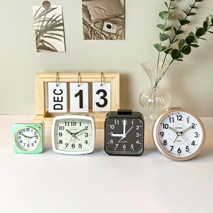 Lamisola Small White Kids Desk Battery Alarm Clock, Analog Travel Clock, Quieter Bedside Clocks for Bedrooms Bathroom Living Room Kitchen Shelf