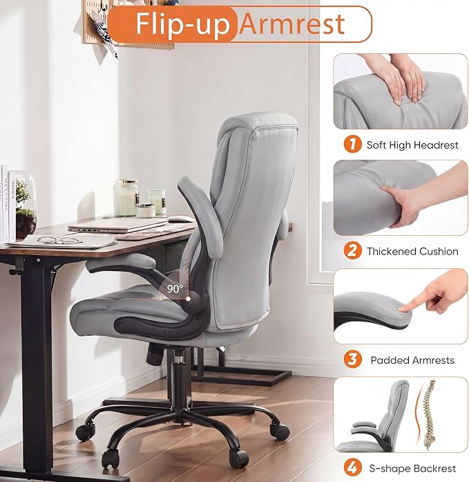 Sweetcrispy Office Computer Gaming Chair Set of 2, Ergonomic High Back Heavy Duty Task Desk Office Chairs with Wheels, Flip-up Arms, Adjustable Height, PU Leather, Grey