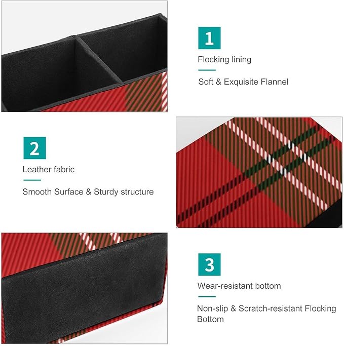 Red Green Tartan Plaid Pattern Scottish Cage PU Leather Pen Holder Desk Organizer, 2-Compartment Pencil Container for Office, Home, Vanity Use