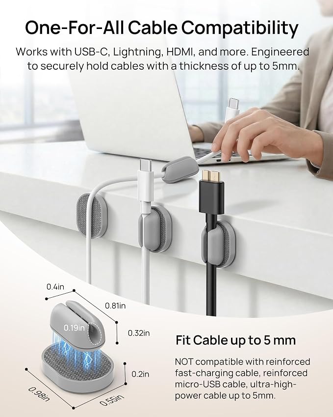 6 Pack Magnetic Cable Holder [2 in 1 Magnet & Adhesive] Cable Clips Silicone for Phone Charger, SODI Minimalist Cord Holder for Nightstand, Adhesive Cord Organizer for Desk, Car, Office (White)