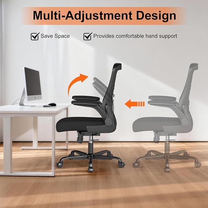 Ergonomic Office Chair – Comfy Mesh Desk Chair with Flip-Up Armrests & Smooth-Rolling Caster, Adjustable Height Home Computer Chair, Breathable & Supportive for Long Hours Sitting