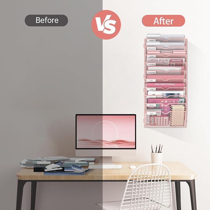 10 Tier Wall File Organizer Office Hanging Mail Holder Wall Mounted, Mesh Paper Document Organizer for Office Home School, Pink