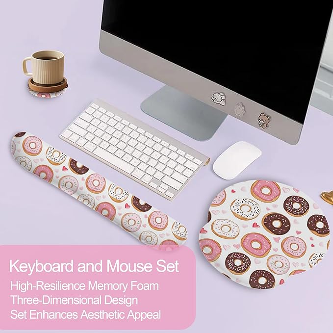 Cute Pink Donut Ergonomic Wrist Support Keyboard Mouse Wrist Rest Set, Computer Office Comfortable Wrist Rest for Mouse Easy Typing