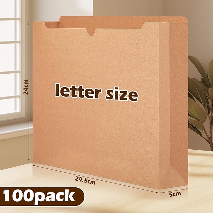 Zhehao 100 Pcs File Jackets Reinforced Straight Cut Tab Pocket Folders 2 Inch Expandable File Folder Expanding Paper Organizer with Tabs Expansion Pocket, Letter Size(Kraft Paper Color,Classic Style)