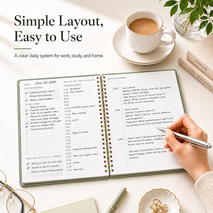 Daily Planner Undated - Simplified To Do List Notebook with Hourly Schedules, Spiral Appointment Organizer, 5.5" x 8.5", Easily Manage Your Tasks and Productivity - Green