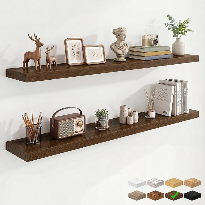 Marsmiles 55in Floating Shelves for Wall, 55" W x 9.25" D x 1.5" H, Long Wall Mounted Engineered Wood Shelves with Invisible Brackets for Living Room, Bedroom, Bathroom, Kitchen, Walnut, 2Pcs